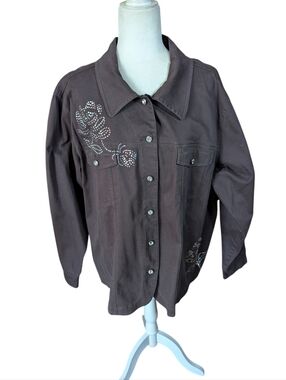 Quacker Factory Brown Embellished Button-Up Jacket Rhinestone Rose Detail Sz 3x